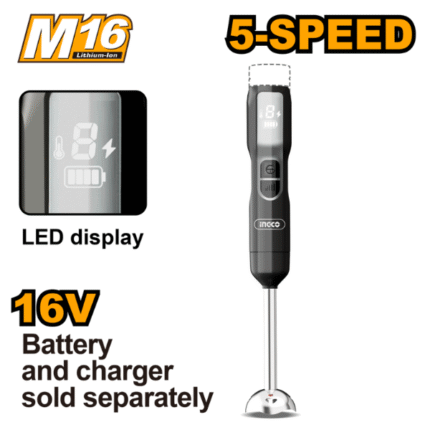 Ingco - Cordless Hand Blender (5-Speed Control and LED Display) -16V