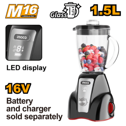 Ingco - Cordless Stand Blender (1.5L Glass Jug, 2-Speed Control and LED Display) - 16V