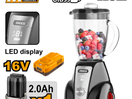 Ingco - Cordless Stand Blender with Battery and Charger (1.5L Glass Jug, 2-Speed Control and LED Display) - 16V