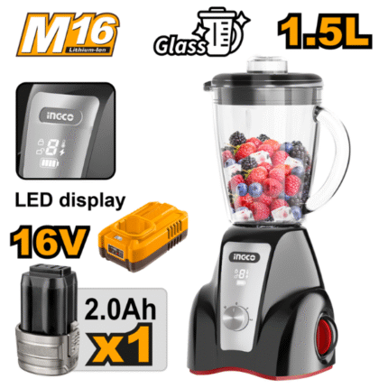 Ingco - Cordless Stand Blender with Battery and Charger (1.5L Glass Jug, 2-Speed Control and LED Display) - 16V