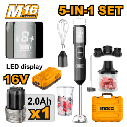 Ingco - Cordless Hand Blender (5-in-1) with Battery and Charger - 16V
