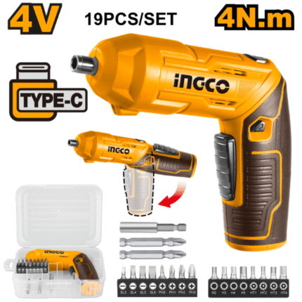 Ingco - Cordless Screwdriver (Lithium-Ion) with 19 Piece Bit Set - 4V