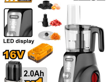 Ingco - Cordless Food Processor with Battery and Charger (1.5L Glass Jug, 2-Speed Control and LED Display) - 16V