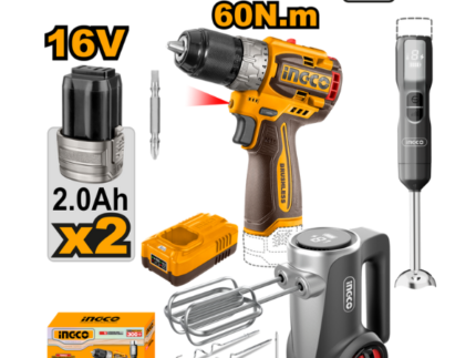 Ingco - Cordless 3 Piece Combo Kit with Battery and Charger (Hand Mixer, Stick Blender and Brushless Compact Drill) - 16V