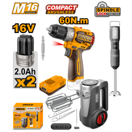 Ingco - Cordless 3 Piece Combo Kit with Battery and Charger (Hand Mixer, Stick Blender and Brushless Compact Drill) - 16V
