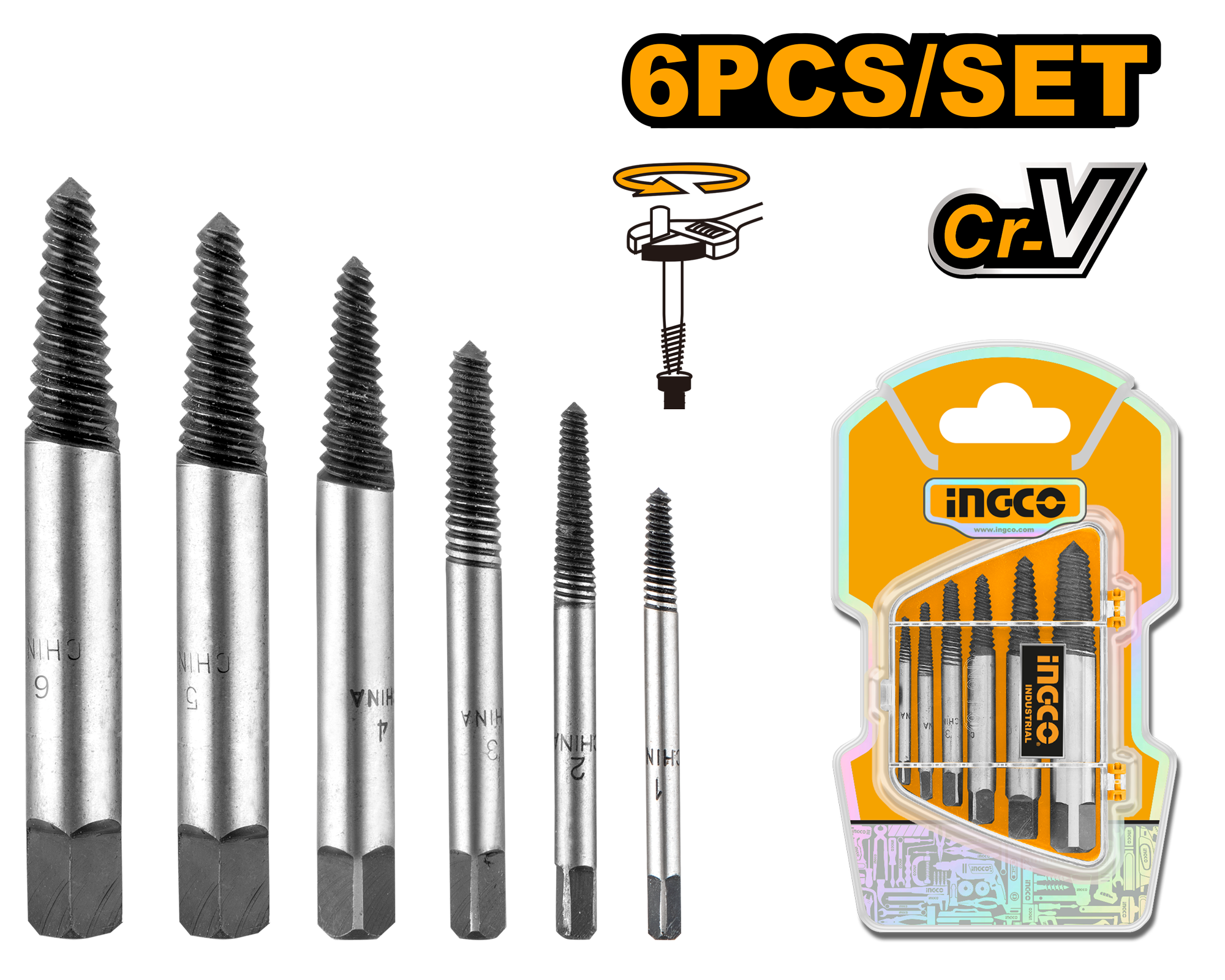 ASE106.png Ingco - 6 Pieces Screw Extractor Set - Image 1