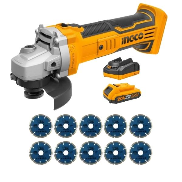 CAGLI1151BLY1580x10FCLI2001FBLI2001.jpg Ingco - Cordless Angle Grinder Combo Kit With Diamond Blades 115Mm(10Pc) - Image 1