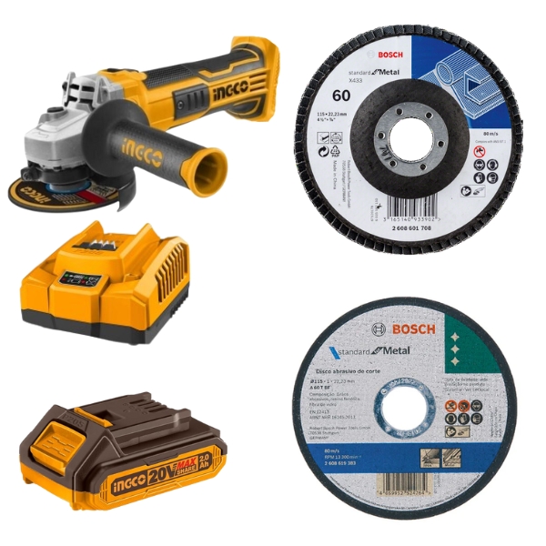 CAGLI2011582Ah-COMBO2608619383X102608601708X50.jpg Ingco - Lithium - Ion Angle Grinder With Cutting Disc Metal Flap Disc - Kit - Image 1