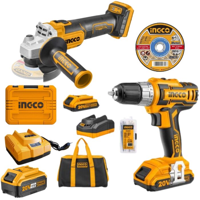 Ingco - Cordless Angle Grinder - 115Mm & Cordless Dril With Accessory Set - Image 1