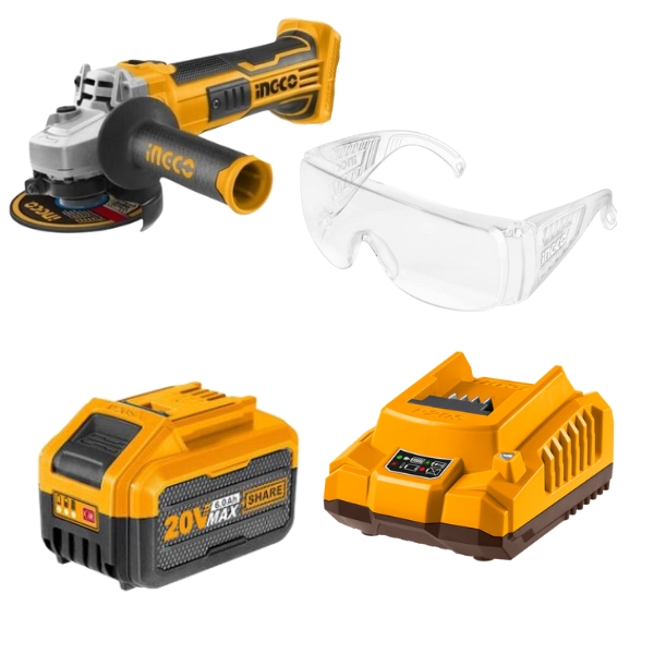 CAGLI201158FCLI2001FBLI2060HSG05.jpg Ingco - Cordless Angle Grinder, 6.0Ah Battery & Charger With Safety Goggle - Image 1