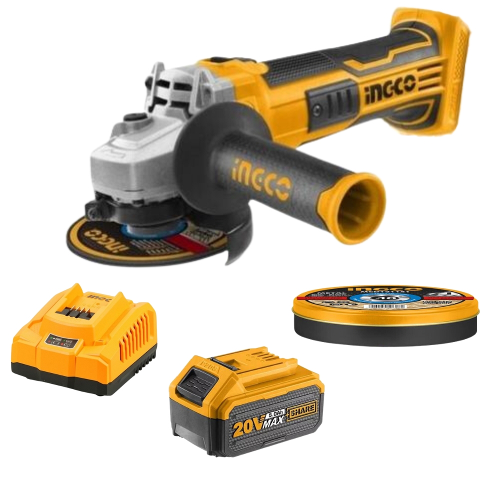xr:d:DAF3lrFtlic:671,j:8616930528233545293,t:24021309 Ingco - Cordless Angle Grinder With Cutting Discs, 5Ah Battery &Amp; Charger - Image 1