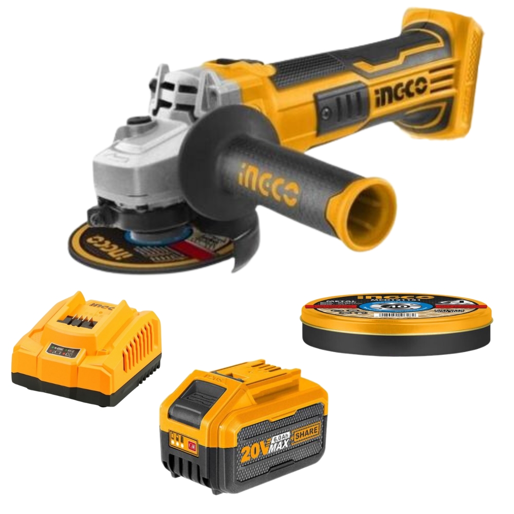 xr:d:DAF3lrFtlic:675,j:8462682252347694512,t:24021311 Ingco - Cordless Angle Grinder With Cutting Discs, 6Ah Battery &Amp; Charger - Image 1