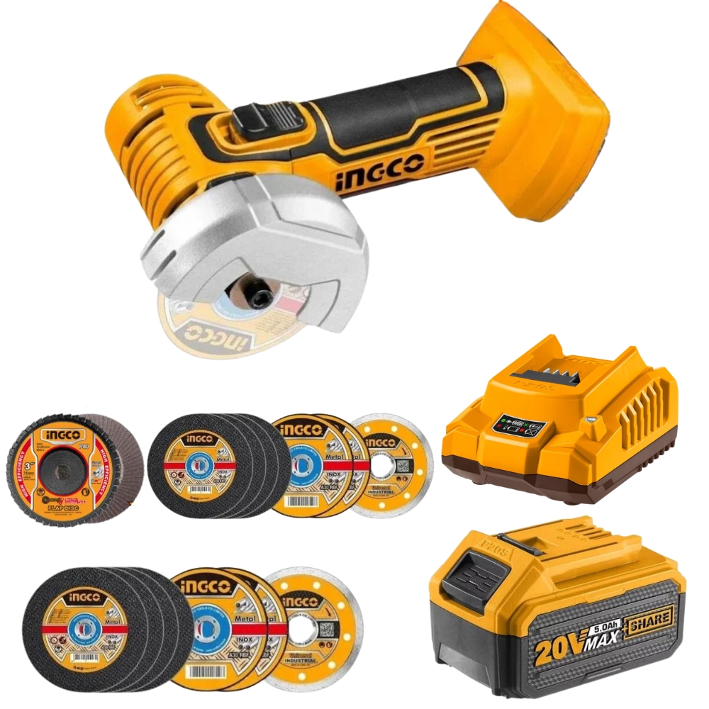 CAGLI7601FCLI2001FBLI2003MCD07630.jpg Ingco - Mini Cut-Off Tool/Grinder With 5.0Ah Battery, Charger & Mini Discs - Image 1