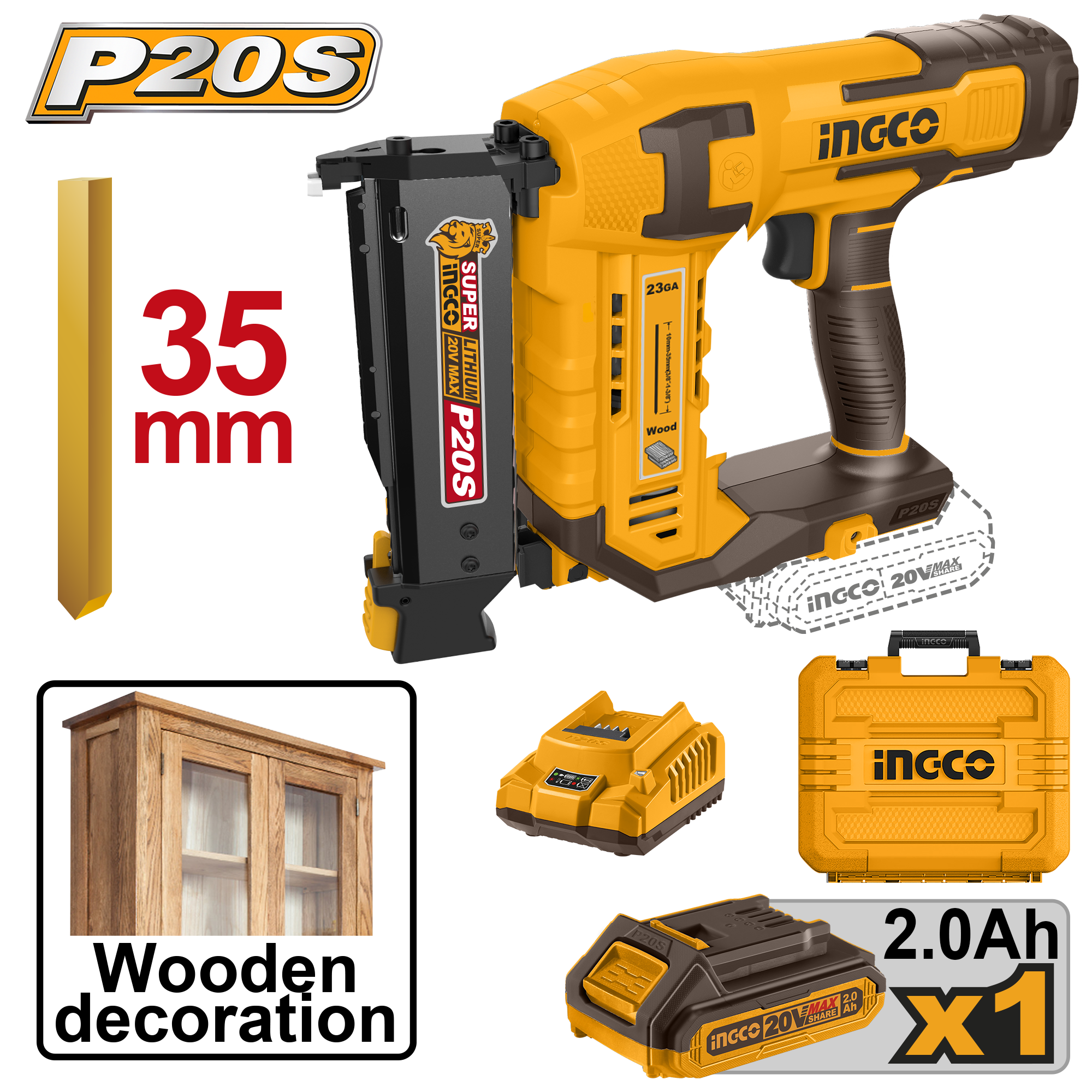 CBNLI3606.png Ingco - 20V Lithium-Ion Cordless Pin Nailer - Image 1