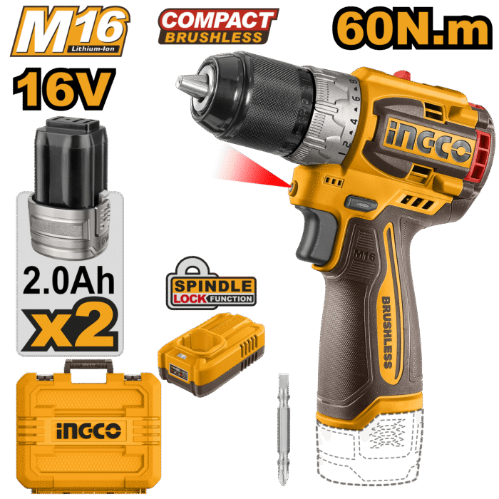 Ingco - 16V Ps+C/L Drill B/L 60Nm 2Xbat 1Xch - Image 1