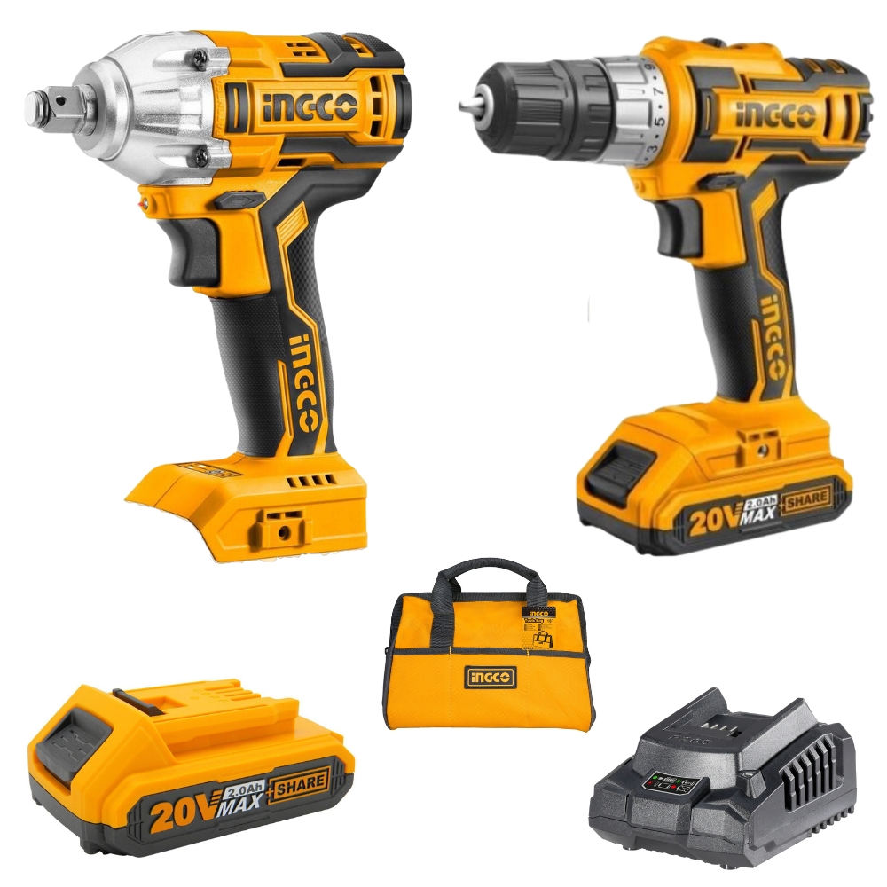 xr:d:DAFxx04KMng:35,j:2644019582968635717,t:23102013 Ingco - Cordless Drill & Cordless Impact Wrench Inc Batteries, Charger & Bag - Image 1