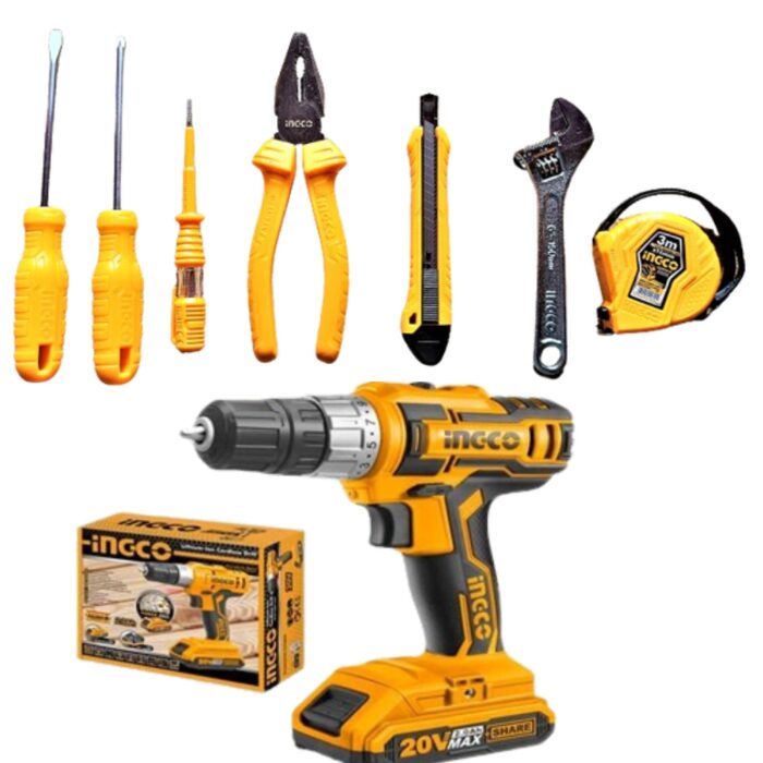 Ingco - Lithium-Ion Cordless Drill (20V) & Hand Tool Set - 7 Piece - Combo - Image 1