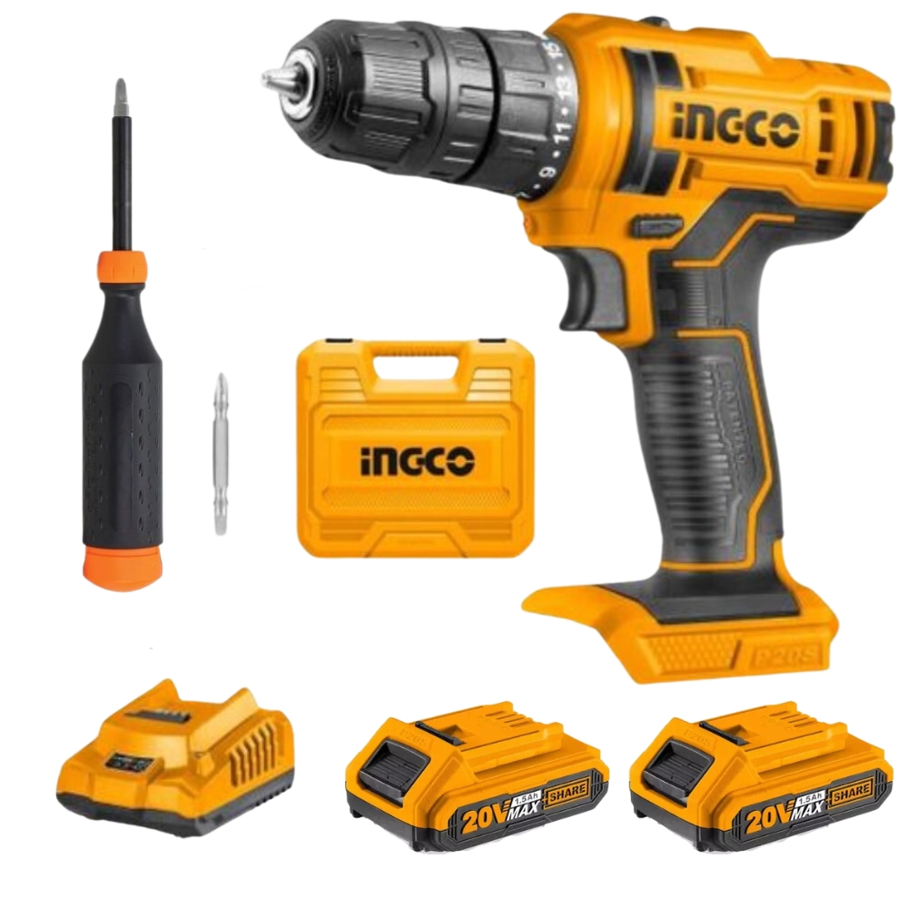 CDLI20028GRO5380.jpg Ingco - Li-Ion Cordless Drill (2X1.5Ah) With 14 Piece Retractable Screwdriver - Image 1