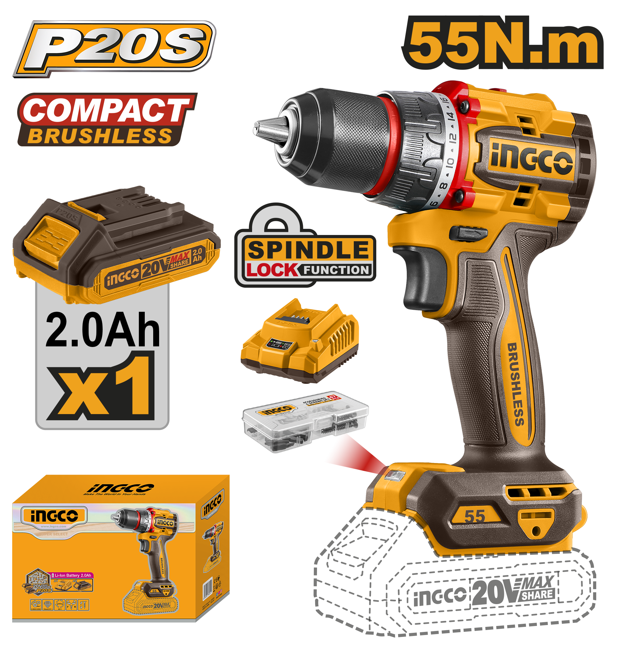 CDLI205582.png Ingco - Cordless Drill - Brushless - 55Nm 20V - 1 X 2.0Ah Battery - Image 1