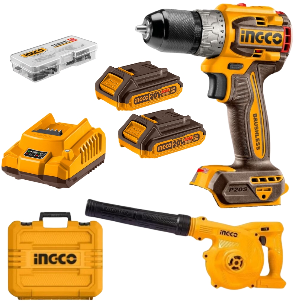 CDLI20602CABLI20018.jpg Ingco - Cordless Drill (Compact 60Nm) With 2X 2Ahbattery, Charger & Blower - Image 1