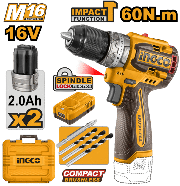 Ingco - 16V Ps+ C/L B/L Drill 60Nm Kit In Case - Image 1