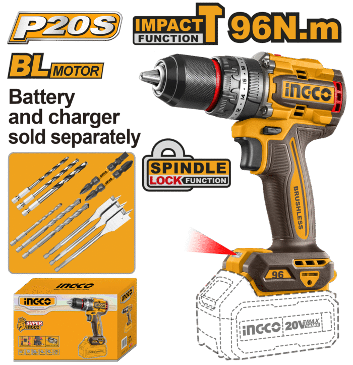 Ingco - Compact Brushless Cordless Imapct Drill 20V - 96Nm - Unit Only - Image 1