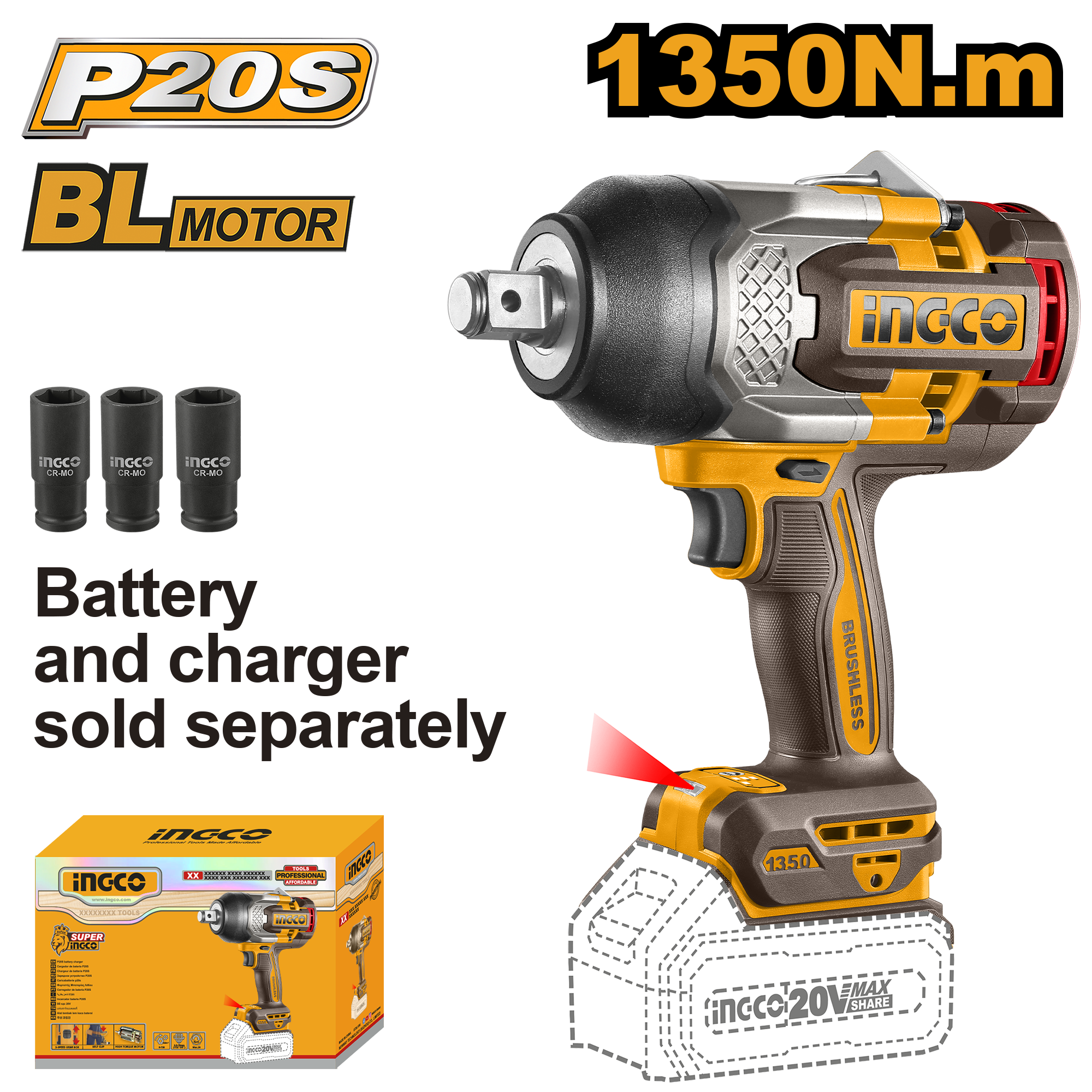 CIWLI201351.png Ingco - Cordless Impact Wrench 1350Nm 20V (Unit Only) - Image 1