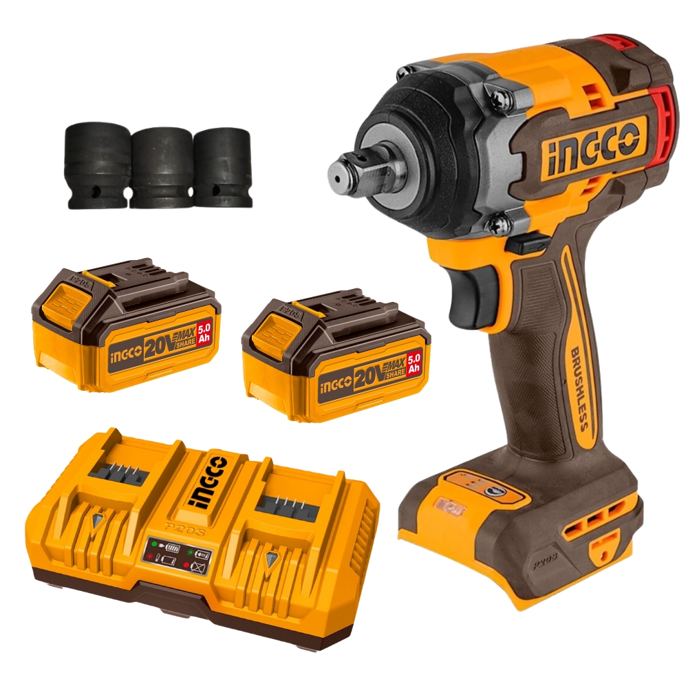 CIWLI20501FBCPK2425.jpg Ingco - Li-Ion Impact Wrench (20V) 500N.M With 2 X 5Ah Battery & Charger - Image 1