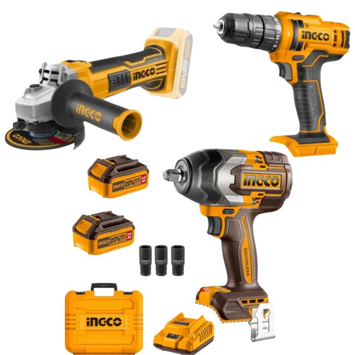 Ingco - Impact Wrench, Grinder & Cordless Drill With Batteries & Charger - Image 1