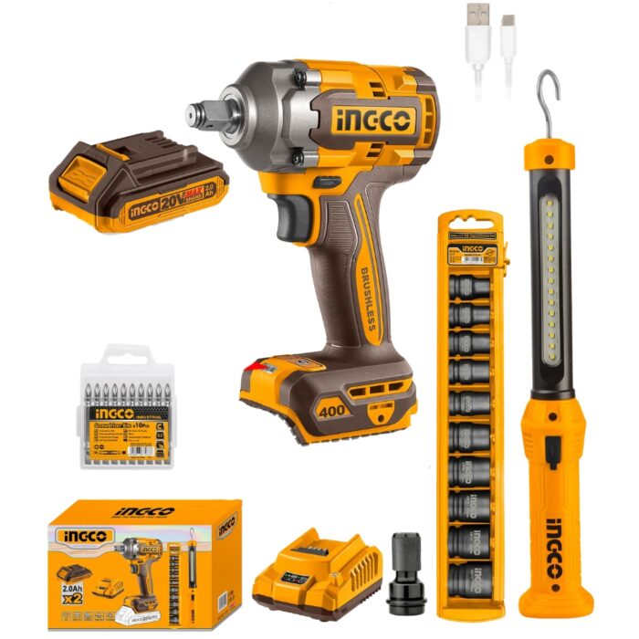 Ingco - Impact Wrench 400Nm With Work Lamp 2 X 2Ah Battery And Charger - Image 1
