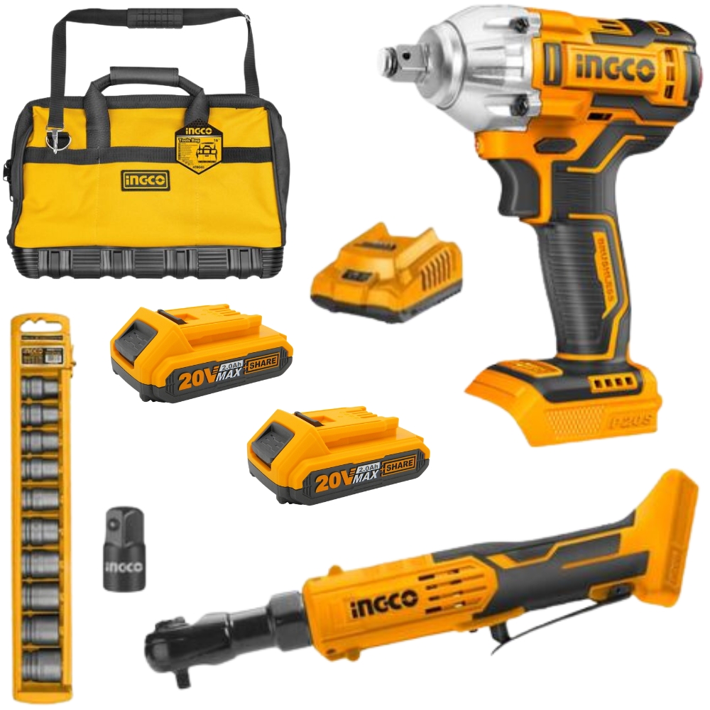 xr:d:DAF9l5VOr7c:532,j:7405465753721075524,t:24031813 Ingco - Cordless 2-Piece Combo Kit - Impact Wrench & Drive Ratchet With Bag - Image 1