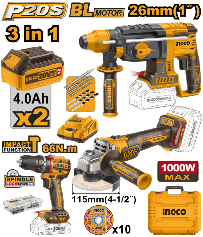 Ingco - Impact Drill, Grinder, Rotary Drill With 2X 4Ah Battery And Charger - Image 1