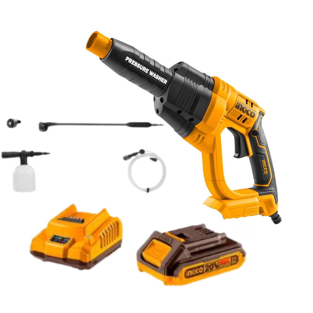 CPWLI20082new.jpg Ingco-Lithium-Ion Pressure Washer With 2.0Ah Battery,Charger & Accessories - Image 1
