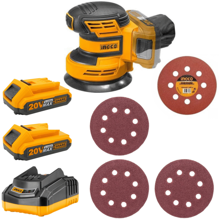 Ingco - Random Orbit Sander Cordless Kit(Char. + 2X Battery + Sanding Discs) - Image 1