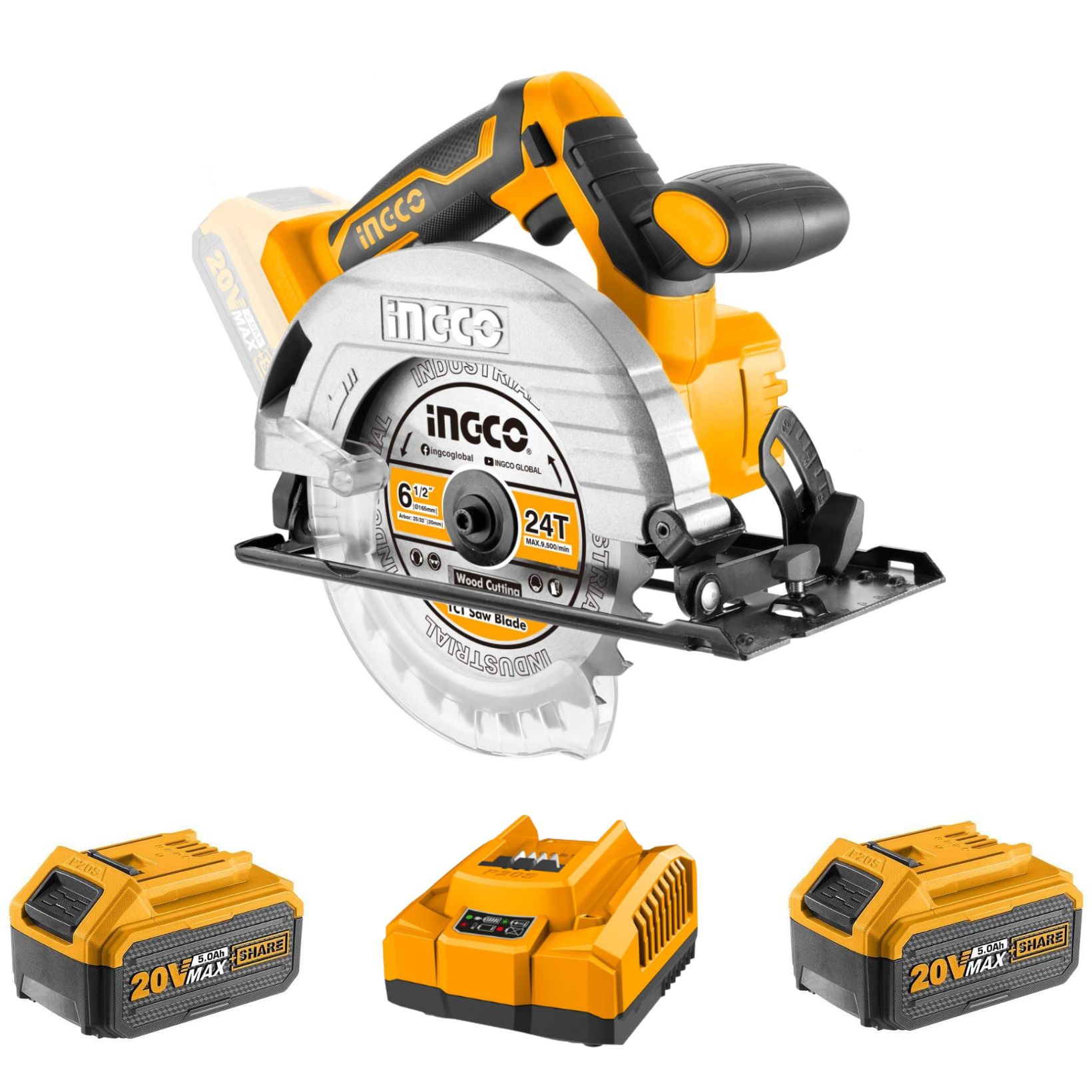 CSLI1651FCLI20411FBLI2003x2.png Ingco - Cordless Circular Saw 165Mm 20V (Includes 165Mm Blade) Kit - Image 1