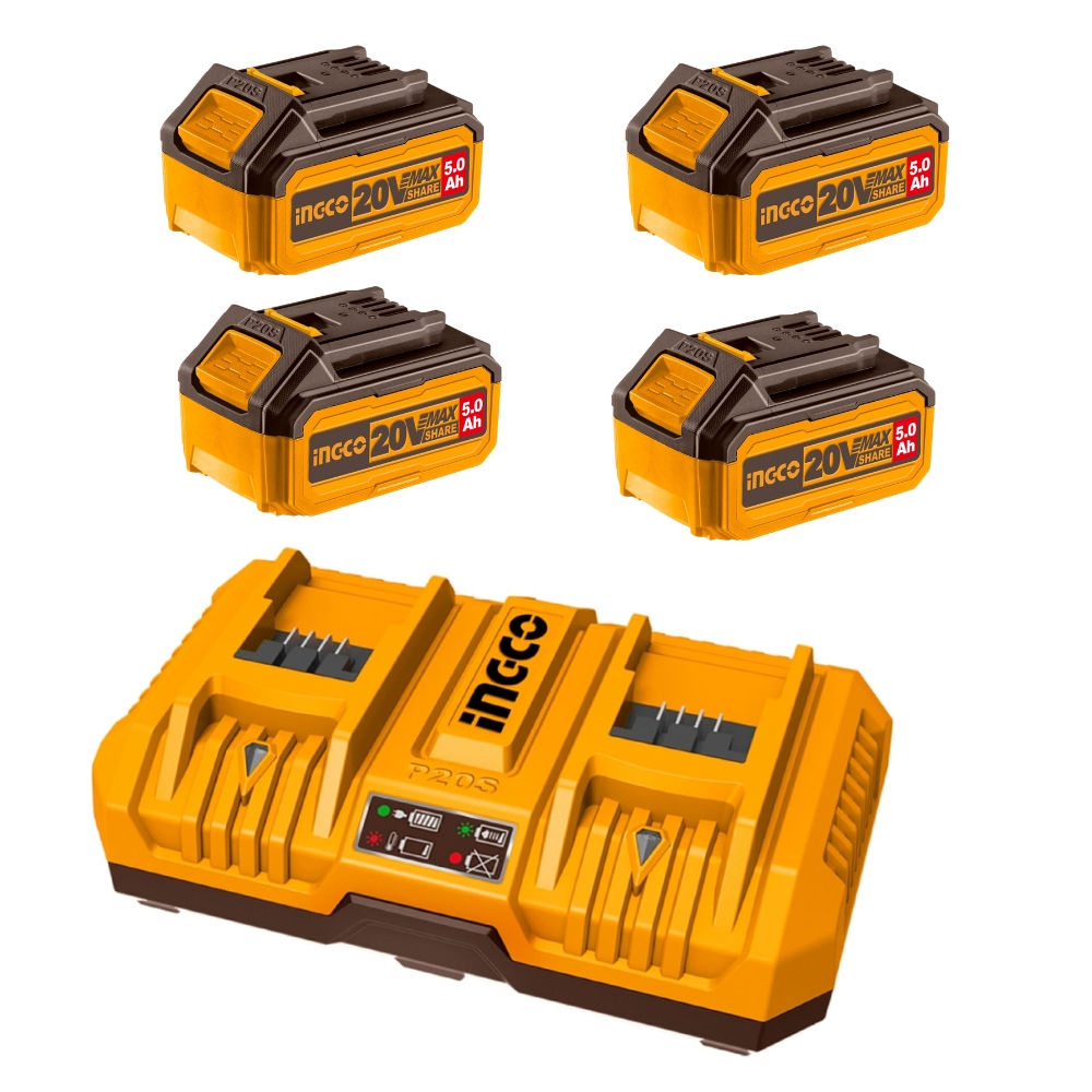 FCLI2082FBLI20031x4.jpg Ingco - Fast Intelligent Dual Charger With 4 X 5.0Ah Batteries - Image 1