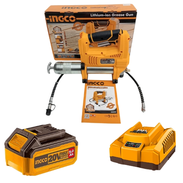 GGLI2010FCLI2001FBLI2003.jpg Ingco - Lithium-Ion Grease Gun With 5.0 Ah Battery And P20S Charger - Image 1
