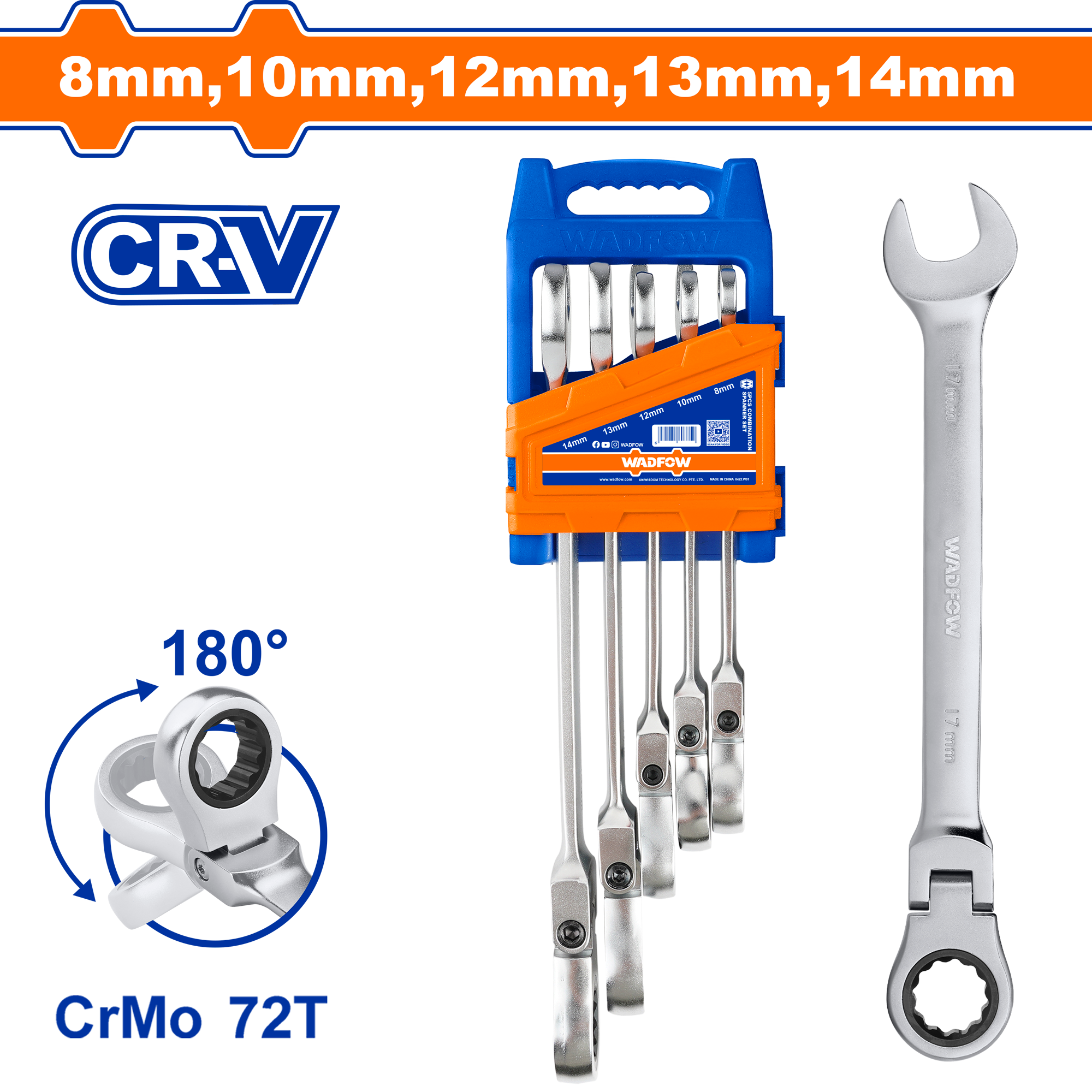 WSP5205.png Wadfow - 5 Piece Flexible Ratchet Spanner Set - Image 1