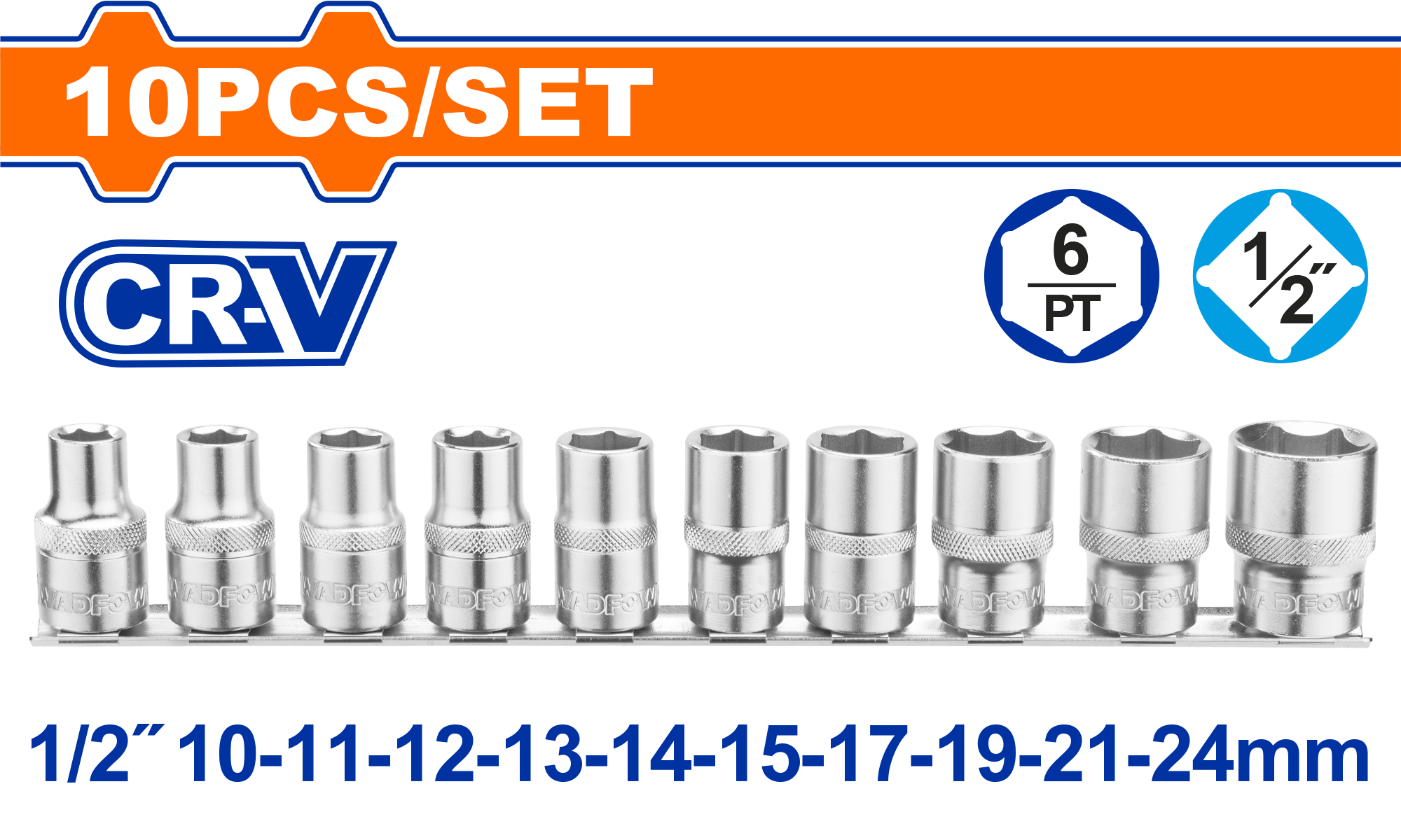 WST2410.png Wadfow - 10 Piece 1/2" Socket Set - Image 1