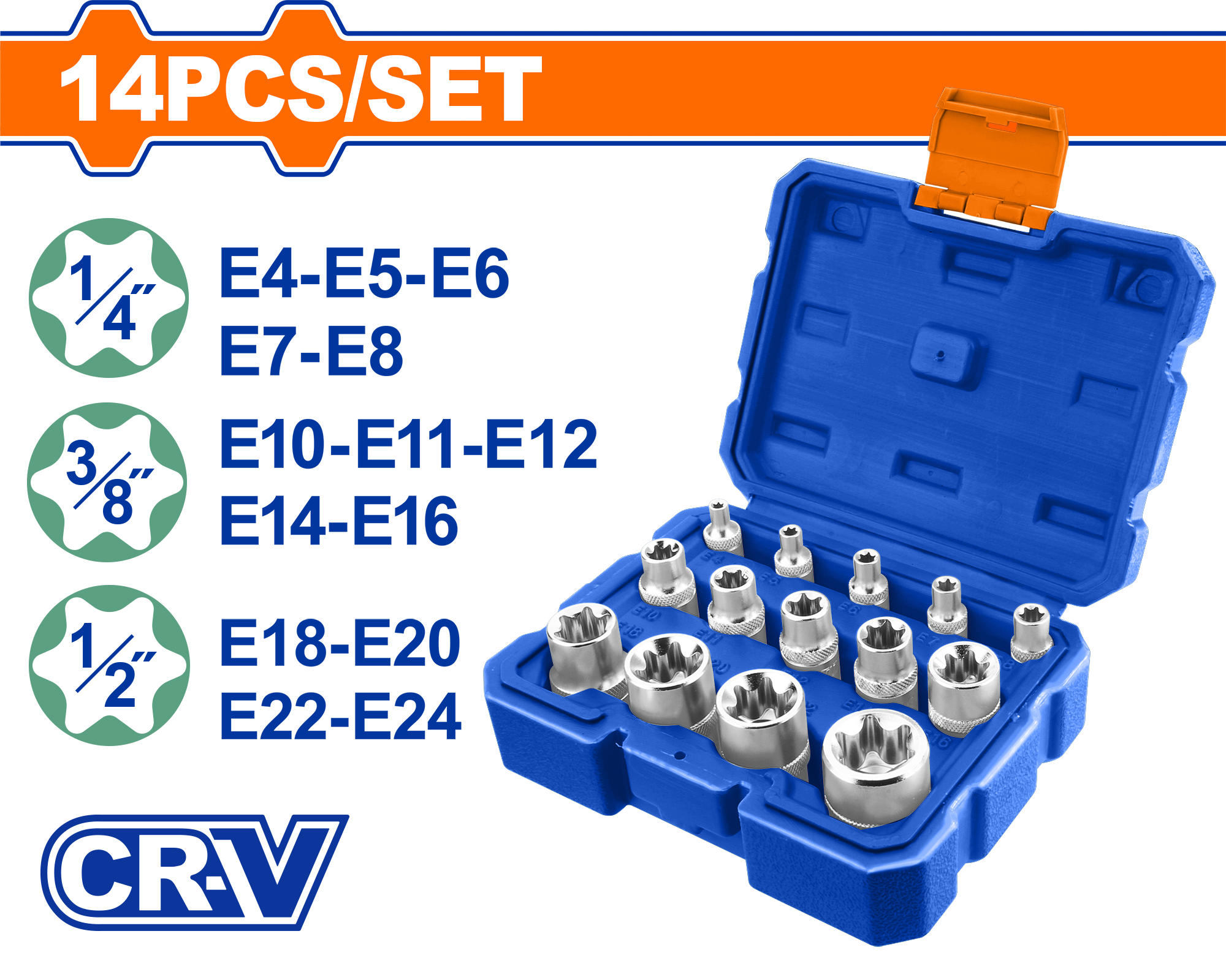 WST3D14.png Wadfow - 14 Piece E-Type Socket Set - Image 1