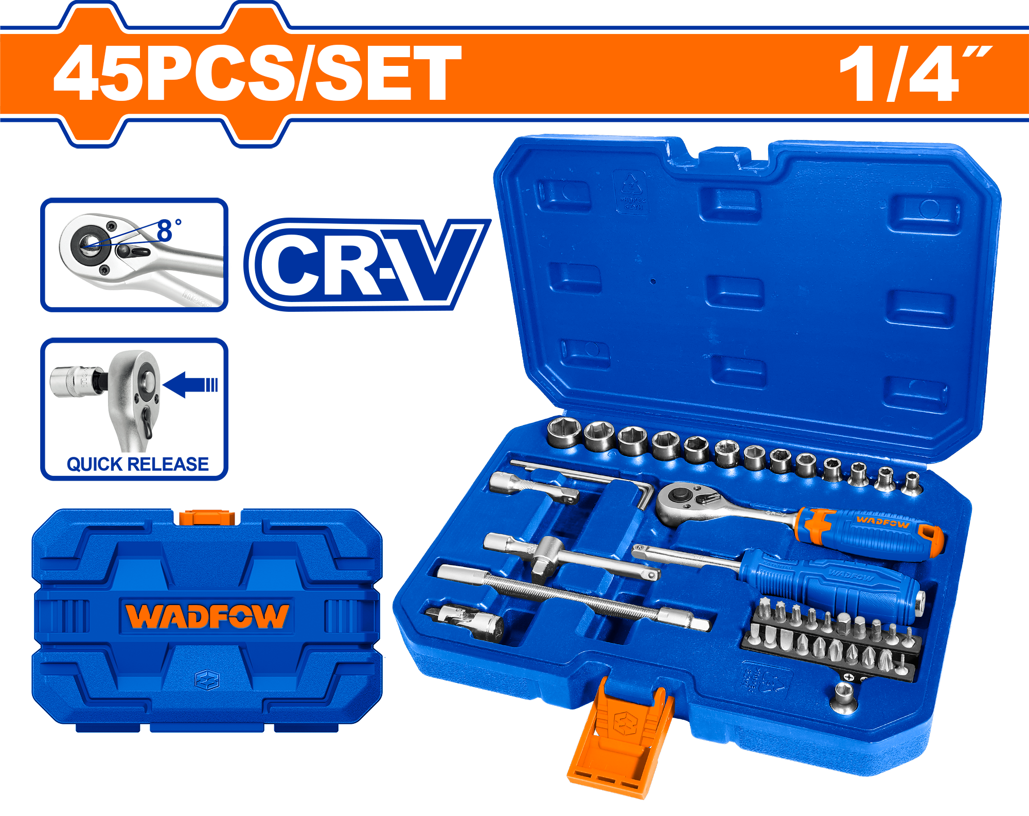 WST4D45.png Wadfow - 45 Piece 1/4" Socket Set - Image 1