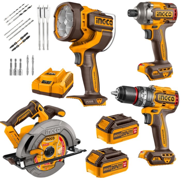 Ingco - Cordless (20V) 4Pc Kit With Drill, Wrench, Circular Saw &Amp; Work Lamp - Image 1