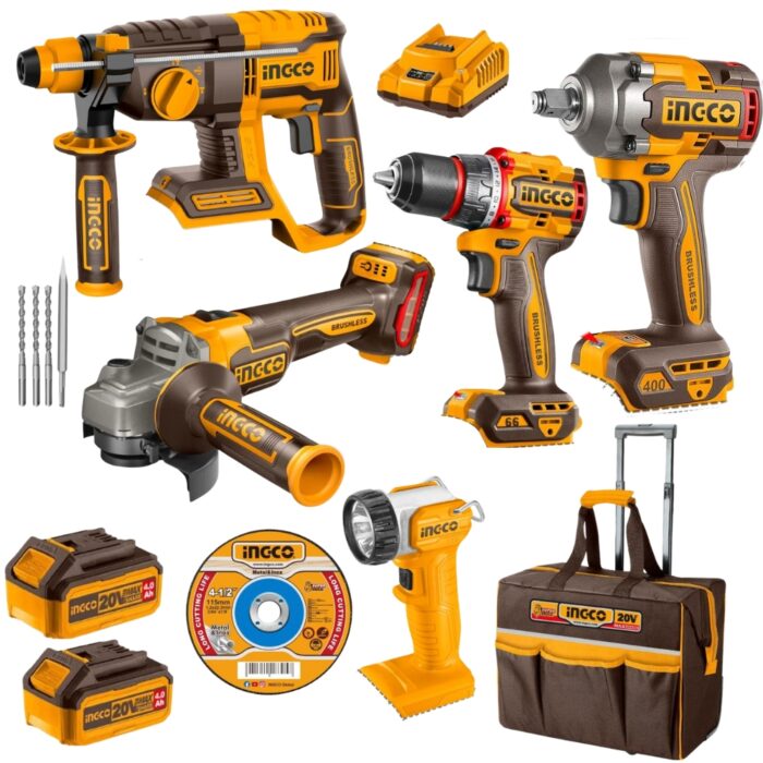 Ingco - Cordless Grinder, Drill, Wrench, Rotary Hammer, And Lamp Kit With Bag - Image 1