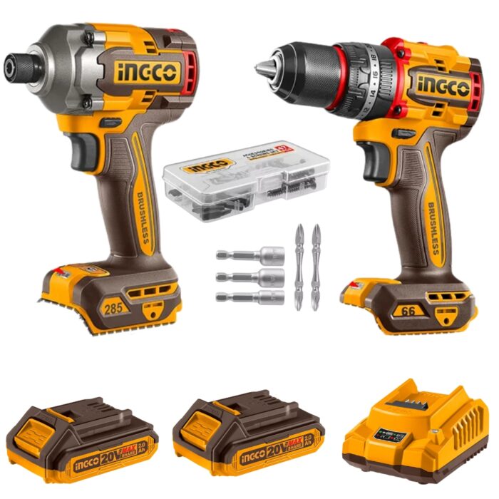 Ingco - 20V Cordless Impact Drill 66Nm &Amp; Driver 285Nm With Screwdriver Set - Image 1