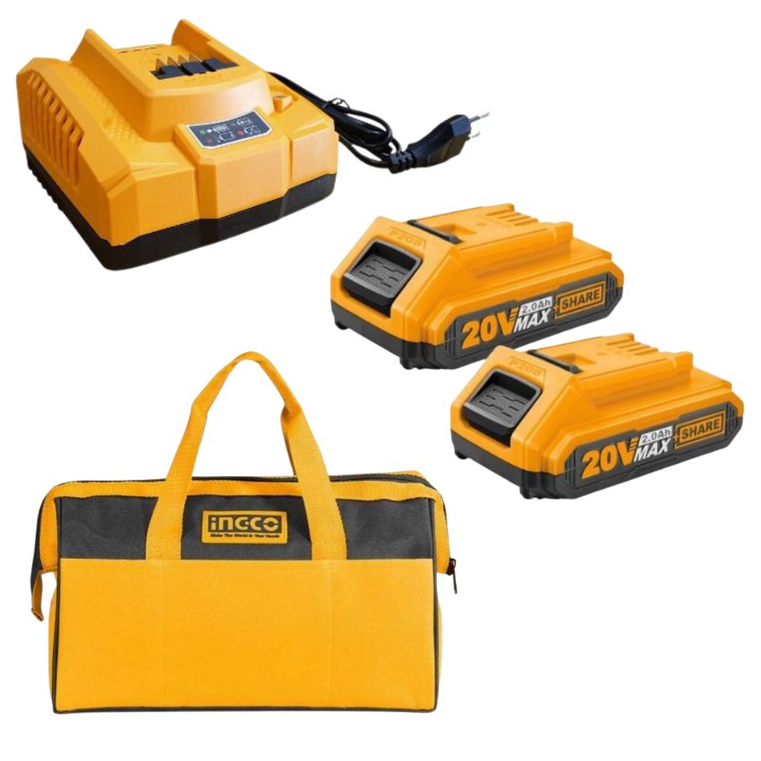 xr:d:DAFmV2PzMus:69,j:6169199693043883695,t:23062107 INGCO - Fast Intelligent Charger,2 X 2Ah Batteries & 33Cm Tool Bag (Yellow) - Image 1